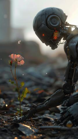 un robot avec une fleur